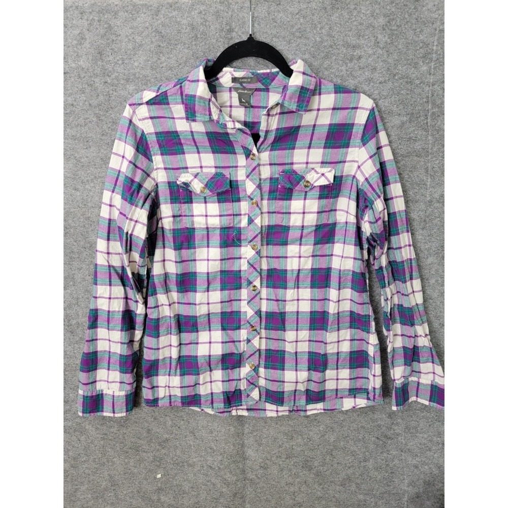 Eddie Bauer Flannel Button Down Shirt Womens Medium Plaid Purple Classic Fit